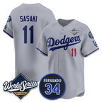 Los Angeles Dodgers #11 R¨­ki Sasaki Gray JEROMEN 2025 World Series With No. 34 Patch Limited Stitched Jersey