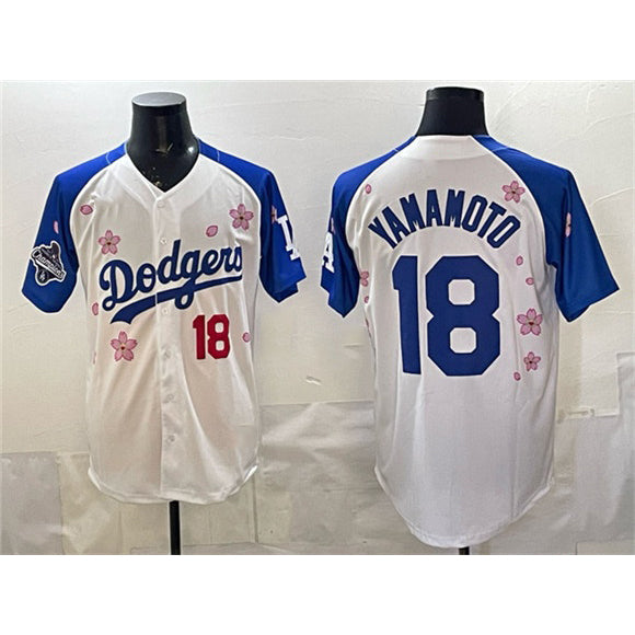 Los Angeles Dodgers #18 Yoshinobu Yamamoto White Royal JEROMEN 2025 World Series Champions Patch Tokyo Series Limited Stitched Jersey