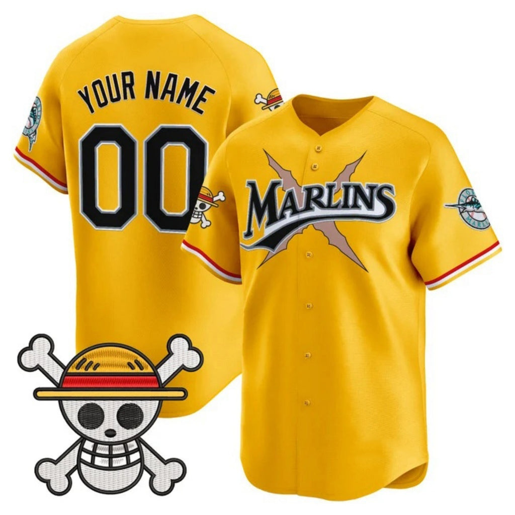 Custom Miami Marlins x One Piece Gold JEROMEN Vapor Premier Limited Jersey - Stitched