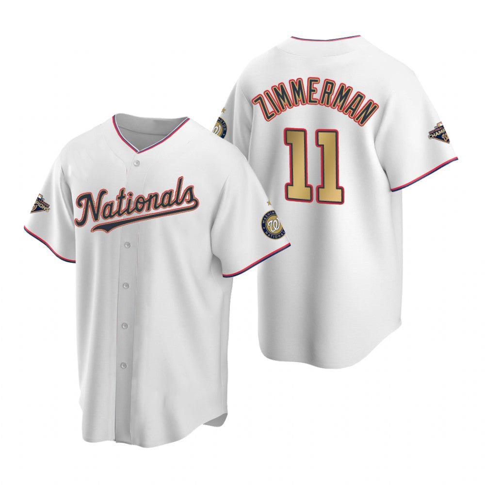 Washington Nationals #11 Ryan Zimmerman White Gold JEROMEN 2019 World Series Champions Stitched Cool Base Jersey
