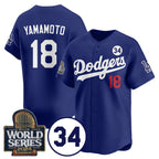 Los Angeles Dodgers #18 Yoshinobu Yamamoto Royal JEROMEN 2024 World Series With No. 34 Patch Cool Base Stitched Jersey