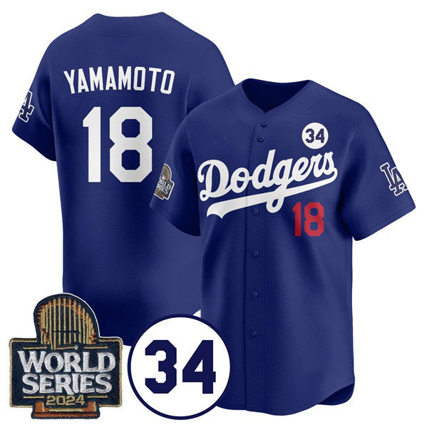 Los Angeles Dodgers #18 Yoshinobu Yamamoto Royal JEROMEN 2024 World Series With No. 34 Patch Cool Base Stitched Jersey