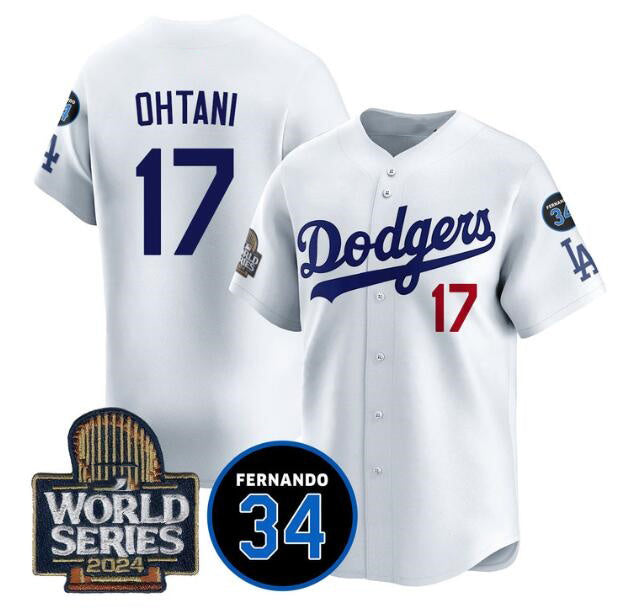 Los Angeles Dodgers #17 Shohei Ohtani White JEROMEN 2024 World Series With Fernando Memorial Patch Limited Stitched Jersey