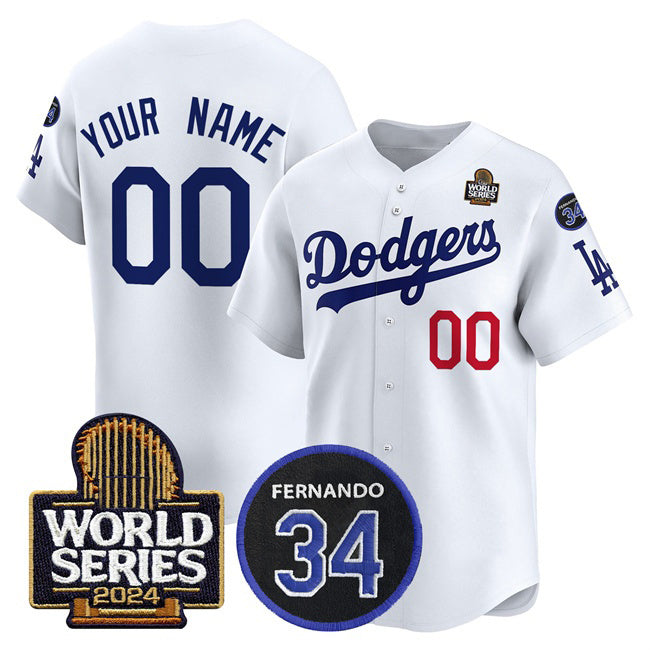Custom Los Angeles Dodgers ACTIVE PLAYER White JEROMEN 2024 World Series With Fernando Memorial Patch Limited Stitched Jersey