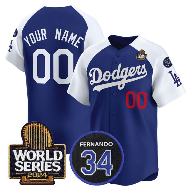 Custom Los Angeles Dodgers ACTIVE PLAYER Royal White JEROMEN 2024 World Series With Fernando Memorial Patch Limited Stitched Jersey