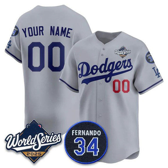 Custom Los Angeles Dodgers ACTIVE PLAYER Gray JEROMEN 2025 World Series With No. 34 Patch Limited Stitched Jersey
