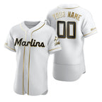 Custom Miami Marlins White JEROMEN Stitched Flex Base Golden Edition Jersey