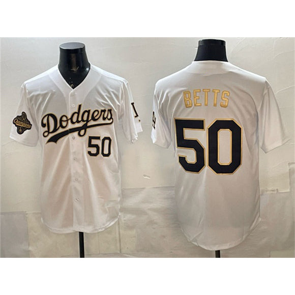 Los Angeles Dodgers #50 Mookie Betts White Gold JEROMEN 2025 World Series Champions Patch Limited Stitched Jersey