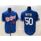 Los Angeles Dodgers #50 Mookie Betts Royal JEROMEN With American Flag Patch Limited Stitched Jersey