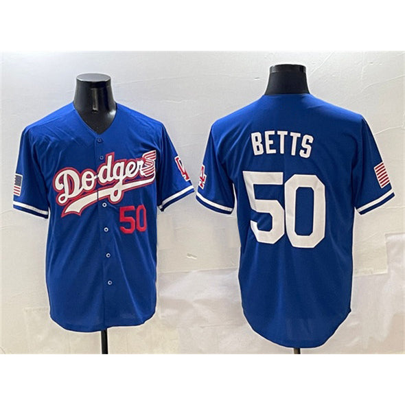 Los Angeles Dodgers #50 Mookie Betts Royal JEROMEN With American Flag Patch Limited Stitched Jersey