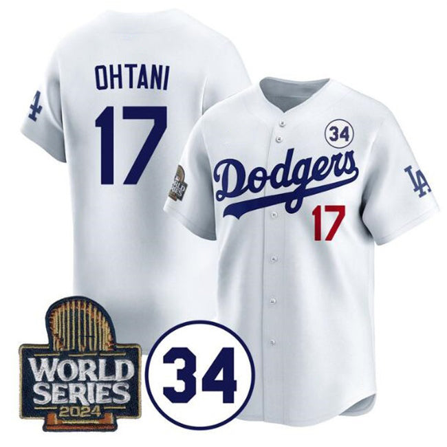 Los Angeles Dodgers #17 Shohei Ohtani White JEROMEN 2024 World Series With No. 34 Patch Limited Stitched Jersey