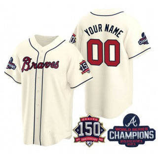 Custom Atlanta Braves Cream JEROMEN Active Player 2021 World Series Chimpions With 150th Anniversary Cool Stitched Jersey