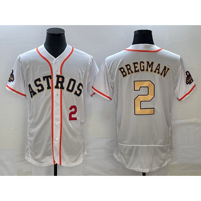 Houston Astros #2 Alex Bregman Number 2023 White Gold JEROMEN World Serise Champions Patch Flex Base Stitched Jersey 2
