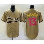 San Diego Padres #13 Manny Machado Tan JEROMEN Pinstripe 2023 City Connect Cool Base Stitched Jersey 2