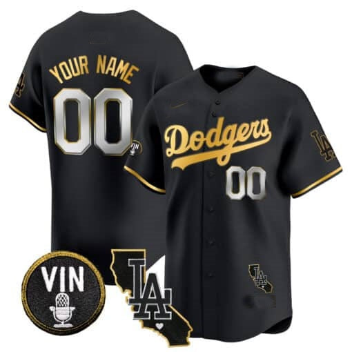 Custom Los Angeles Dodgers Vin & California Patch Gold Trim Vapor Premier Limited Jersey ¨C All Stitched-Black JEROMEN