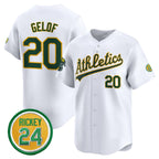 Oakland Athletics #20 Zack Gelof White JEROMEN 2024 Home Limited With Rickey Henderson Patch Stitched Jersey