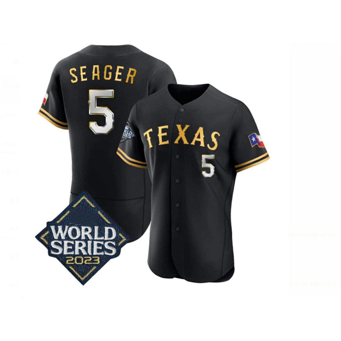 Texas Rangers #5 Corey Seager Black Gold JEROMEN 2023 World Series Flex Base Stitched Jersey