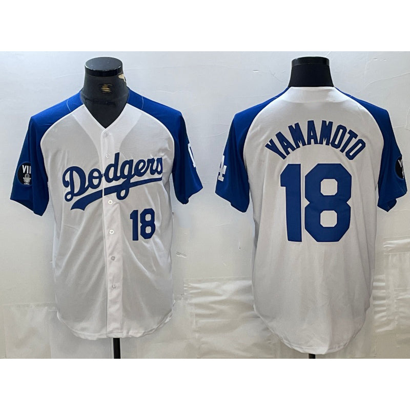 Los Angeles Dodgers #18 Yoshinobu Yamamoto Number White Blue JEROMEN Fashion Stitched Cool Base Limited Jersey 2