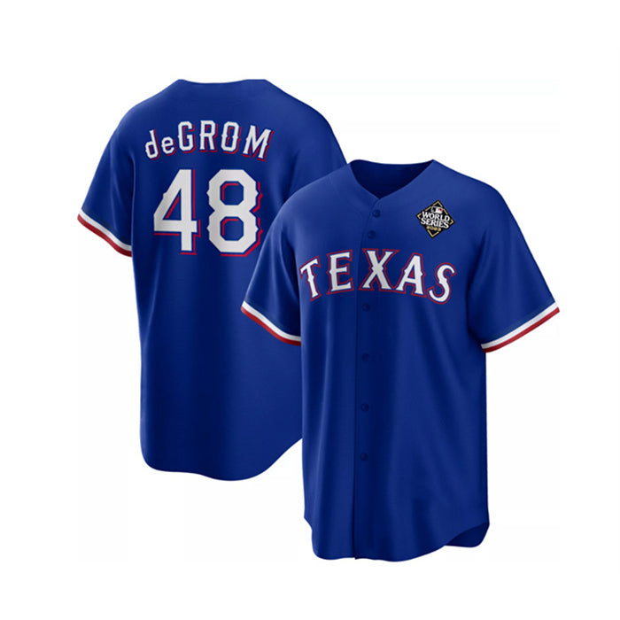 Texas Rangers #48 Jacob DeGrom Royal JEROMEN 2023 World Series Cool Base Stitched Jersey