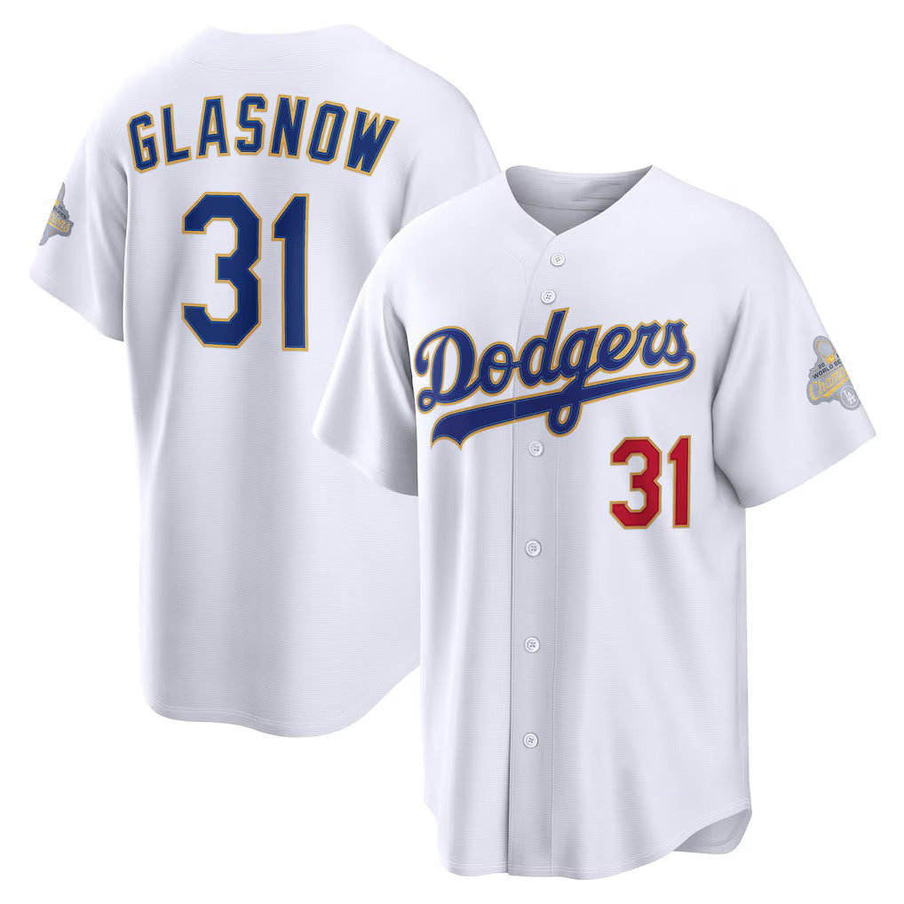 Los Angeles Dodgers #31 Tyler Glasnow White JEROMEN 2026 Gold Collection Stadium Jersey