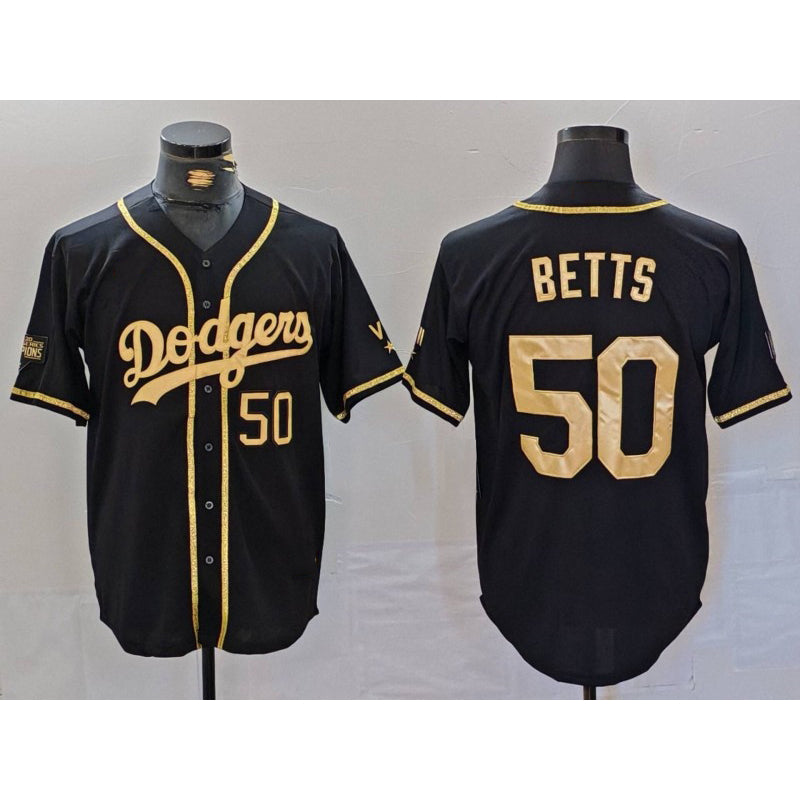 Los Angeles Dodgers #50 Mookie Betts Number Black Gold JEROMEN World Series Champions Cool Base Stitched Jersey