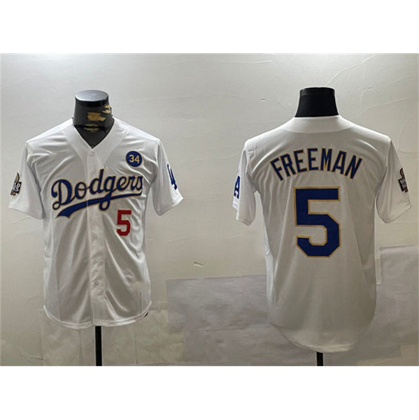 Los Angeles Dodgers #5 Freddie Freeman White Gold JEROMEN 2024 World Series With No. 34 Patch Home Limited Stitched Jersey