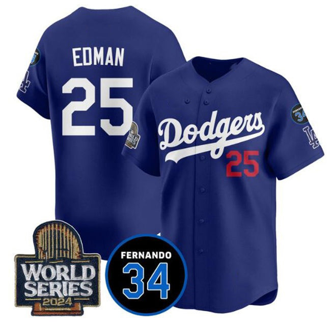 Los Angeles Dodgers #25 Tommy Edman Royal JEROMEN 2024 World Series With Fernando Memorial Patch Alternate Limited Stitched Jersey