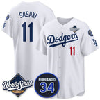 Los Angeles Dodgers #11 R¨­ki Sasaki White JEROMEN 2025 World Series With No. 34 Patch Limited Stitched Jersey