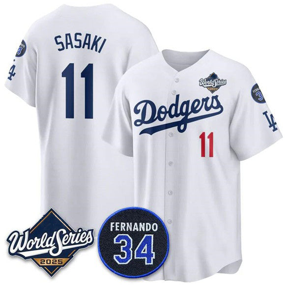 Los Angeles Dodgers #11 R¨­ki Sasaki White JEROMEN 2025 World Series With No. 34 Patch Limited Stitched Jersey
