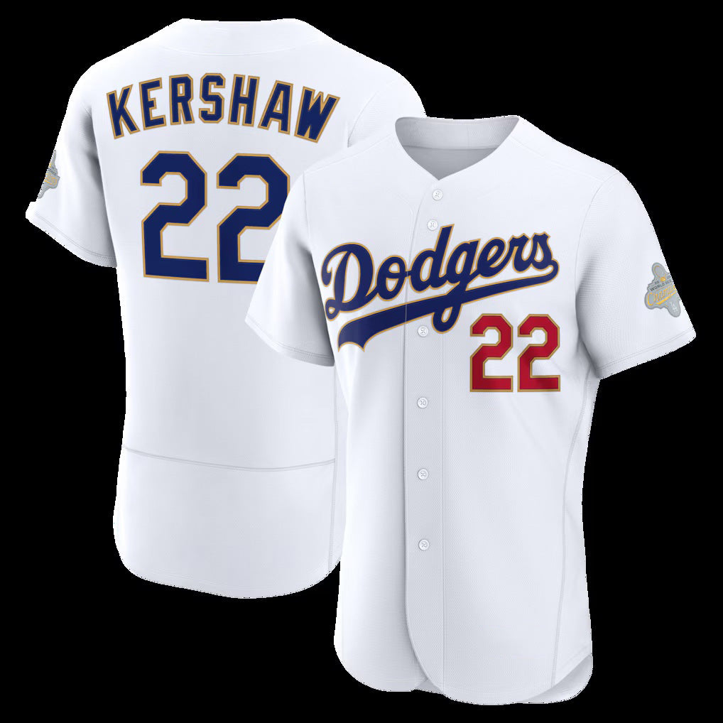 Los Angeles Dodgers #22 Clayton Kershaw White JEROMEN 2026 Gold Collection Authentic Jersey