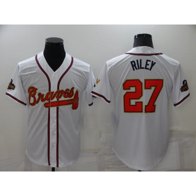 Atlanta Braves #27 Austin Riley 2022 White Gold JEROMEN World Series Champions Program Cool Base Stitched Jersey