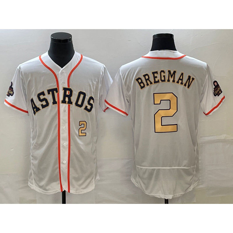 Houston Astros #2 Alex Bregman Number 2023 White Gold JEROMEN World Serise Champions Patch Flex Base Stitched Jersey