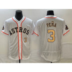 Houston Astros #3 Jeremy Pena Number 2023 White Gold JEROMEN World Serise Champions Patch Flex Base Stitched Jersey 2