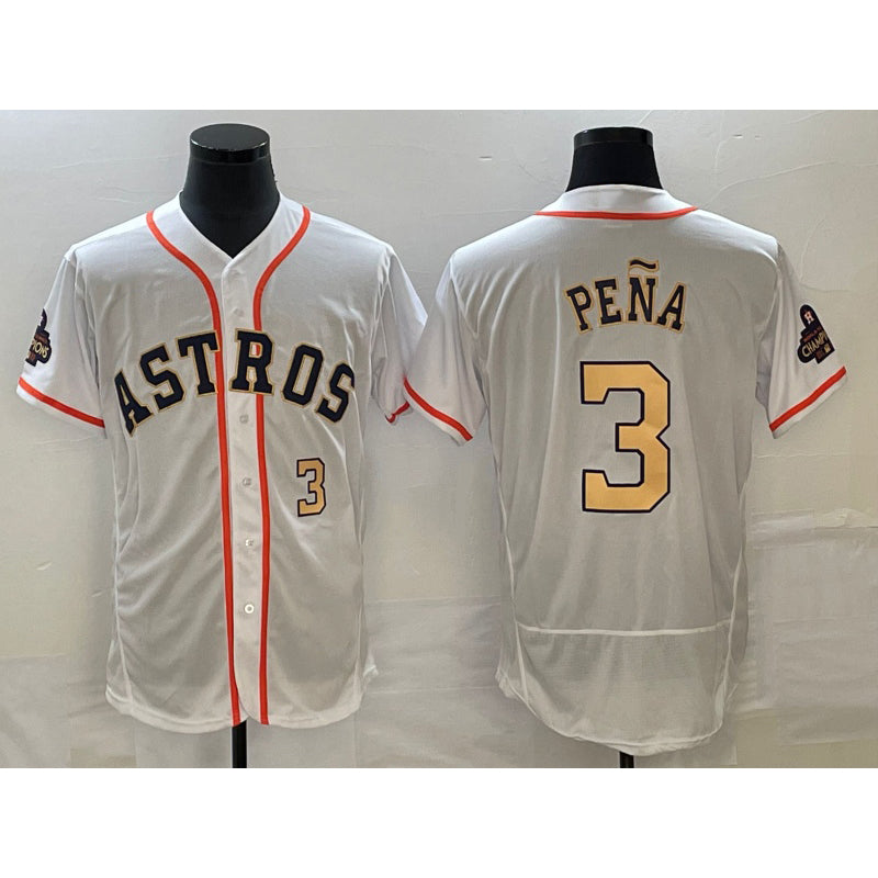 Houston Astros #3 Jeremy Pena Number 2023 White Gold JEROMEN World Serise Champions Patch Flex Base Stitched Jersey 2