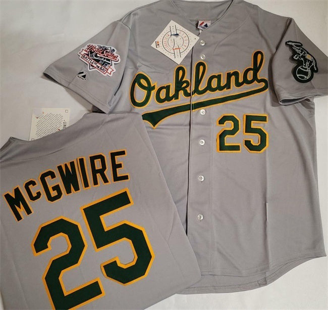 Oakland Athletics #25 Mark McGwire Grey With Green JEROMEN Elephant & 1989 World Series Patch Battle of the Bay Stitched Jersey