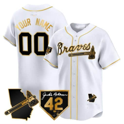Custom Atlanta Braves 2024 Robinson & Georgia Patch Vapor Premier Limited Jersey ¨C White Gold JEROMEN