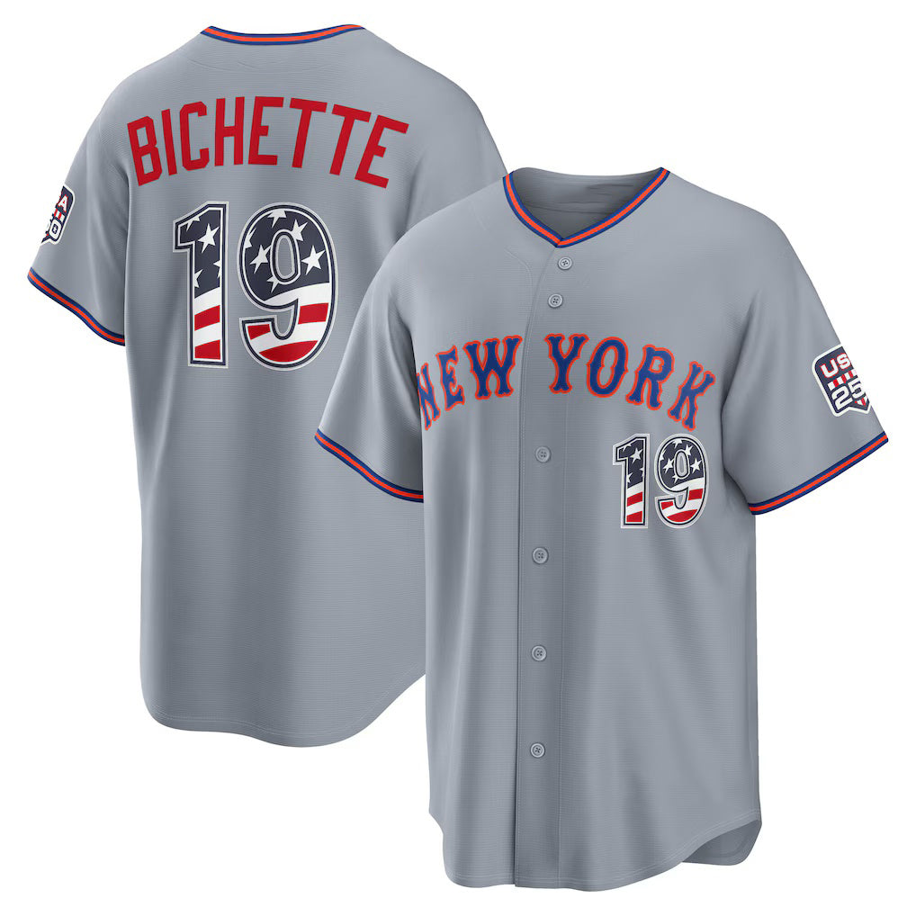 New York Mets #19 Bo Bichette USA 250 Fourth of July Road Stadium Jersey - Gray JEROMEN