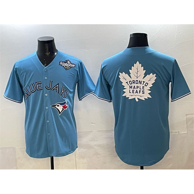Toronto Blue Jays & Leafs Blue JEROMEN 2025 World Series With White Leafs Logo Cool Base Stitched Jersey