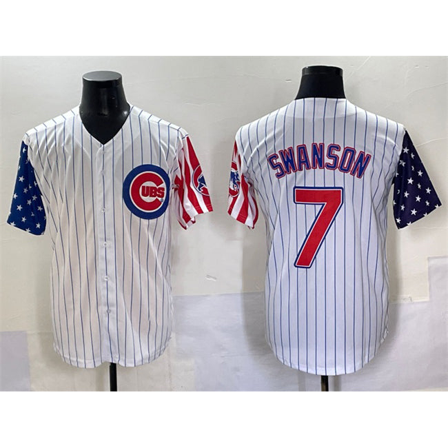 Chicago Cubs #7 Dansby Swanson White JEROMEN Pinstripe 2025 Independence Day Vapor Premier Limited Stitched Jersey
