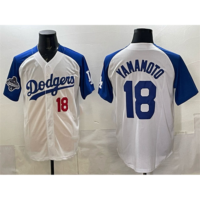 Los Angeles Dodgers #18 Yoshinobu Yamamoto White Royal JEROMEN 2025 World Series Champions Patch Limited Stitched Jersey