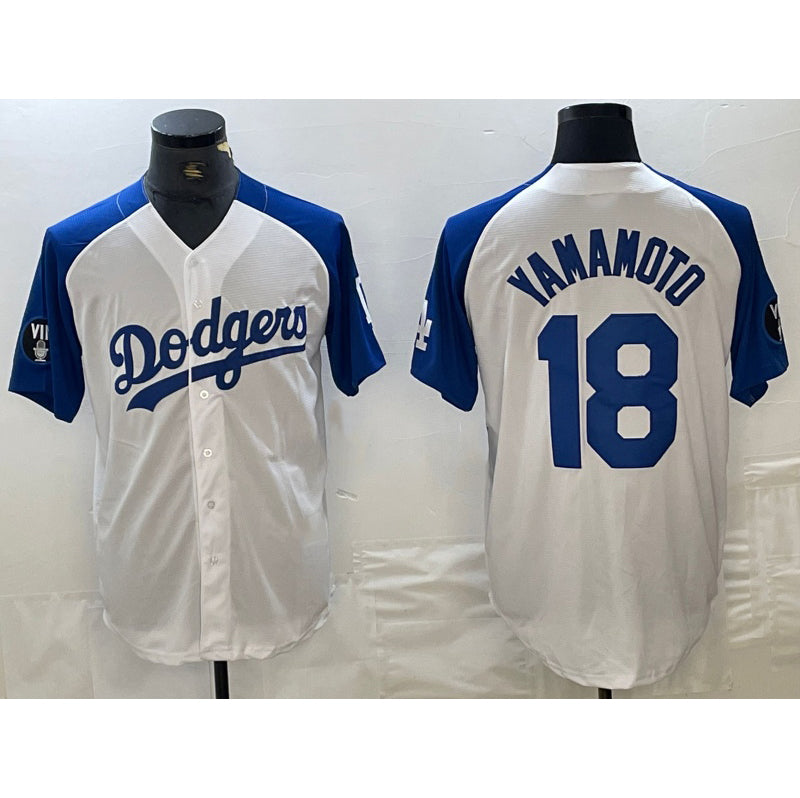 Los Angeles Dodgers #18 Yoshinobu Yamamoto White Blue JEROMEN Fashion Stitched Cool Base Limited Jerseys
