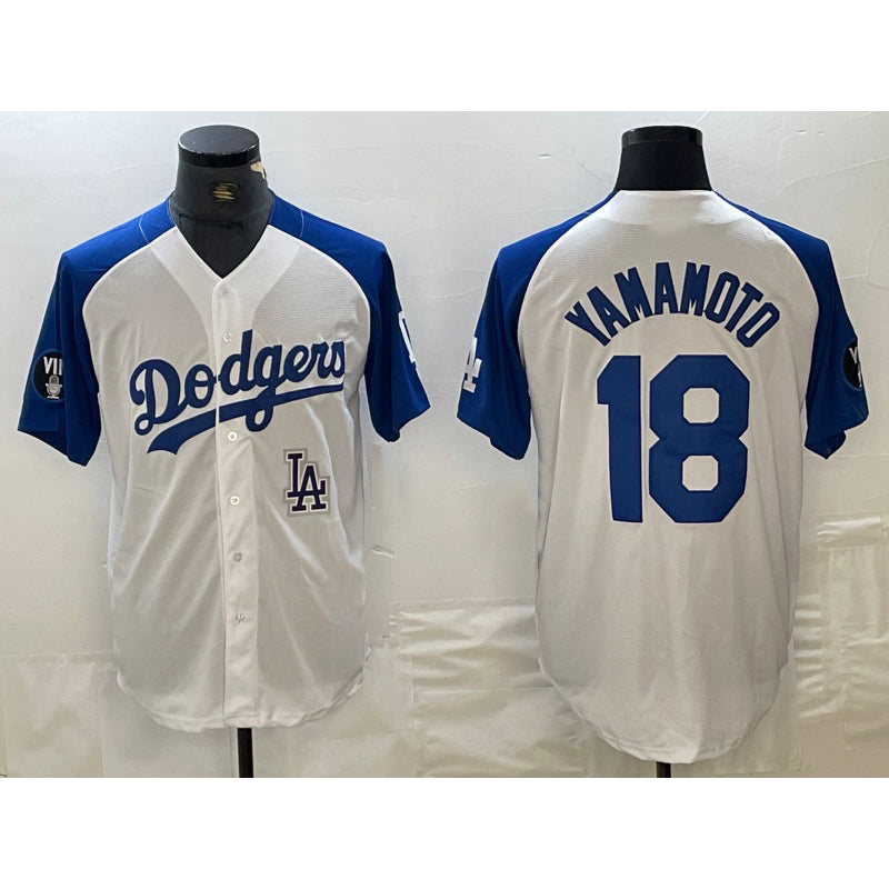 Los Angeles Dodgers #18 Yoshinobu Yamamoto White Blue JEROMEN Fashion Stitched Cool Base Limited Jersey 2