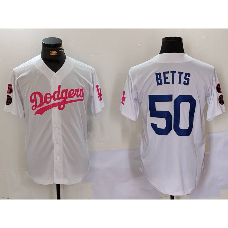 Los Angeles Dodgers #50 Mookie Betts White Pink JEROMEN Vin & Kobe Patch Stitched Jersey1