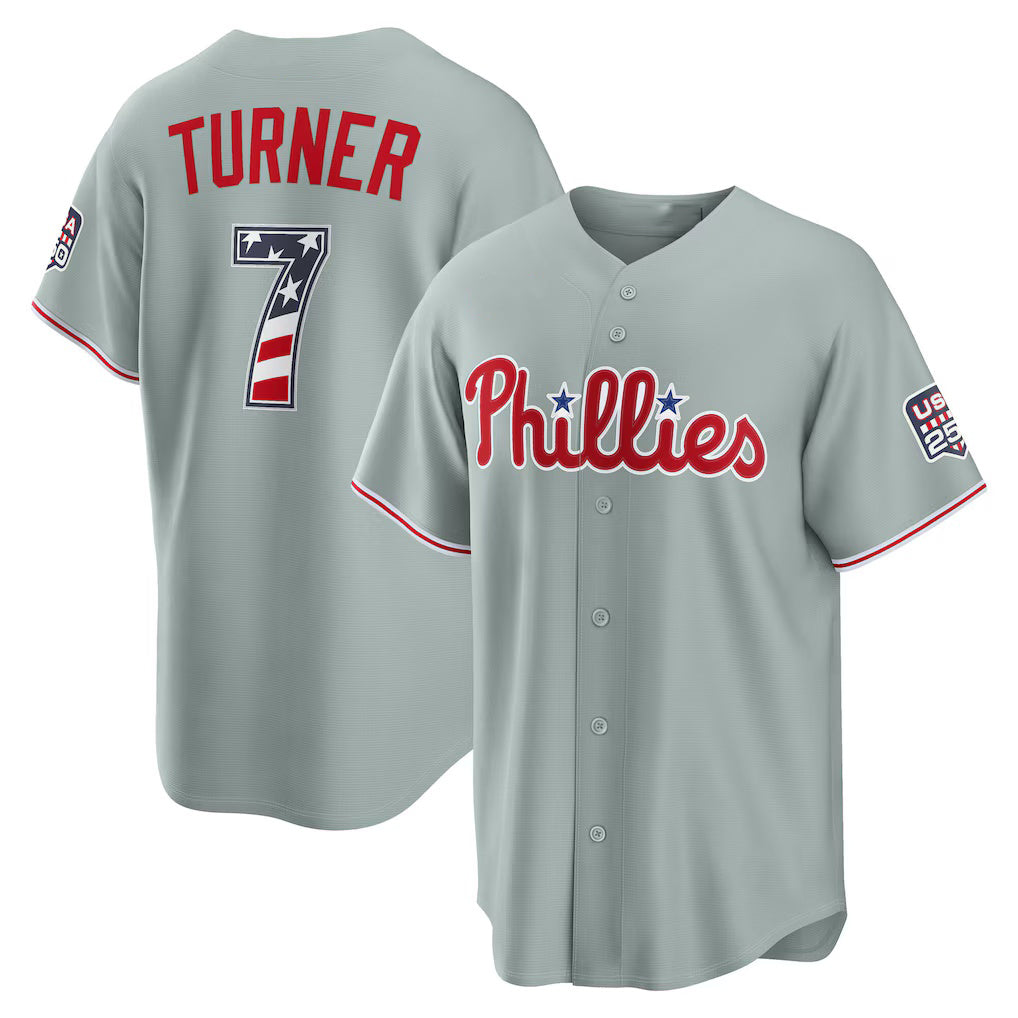 Philadelphia Phillies #7 Trea Turner USA 250 Fourth of July Road Stadium Jersey - Gray JEROMEN