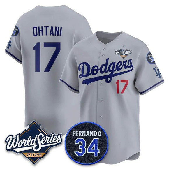 Los Angeles Dodgers #17 Shohei Ohtani Gray JEROMEN 2025 World Series With No. 34 Patch Limited Stitched Jersey