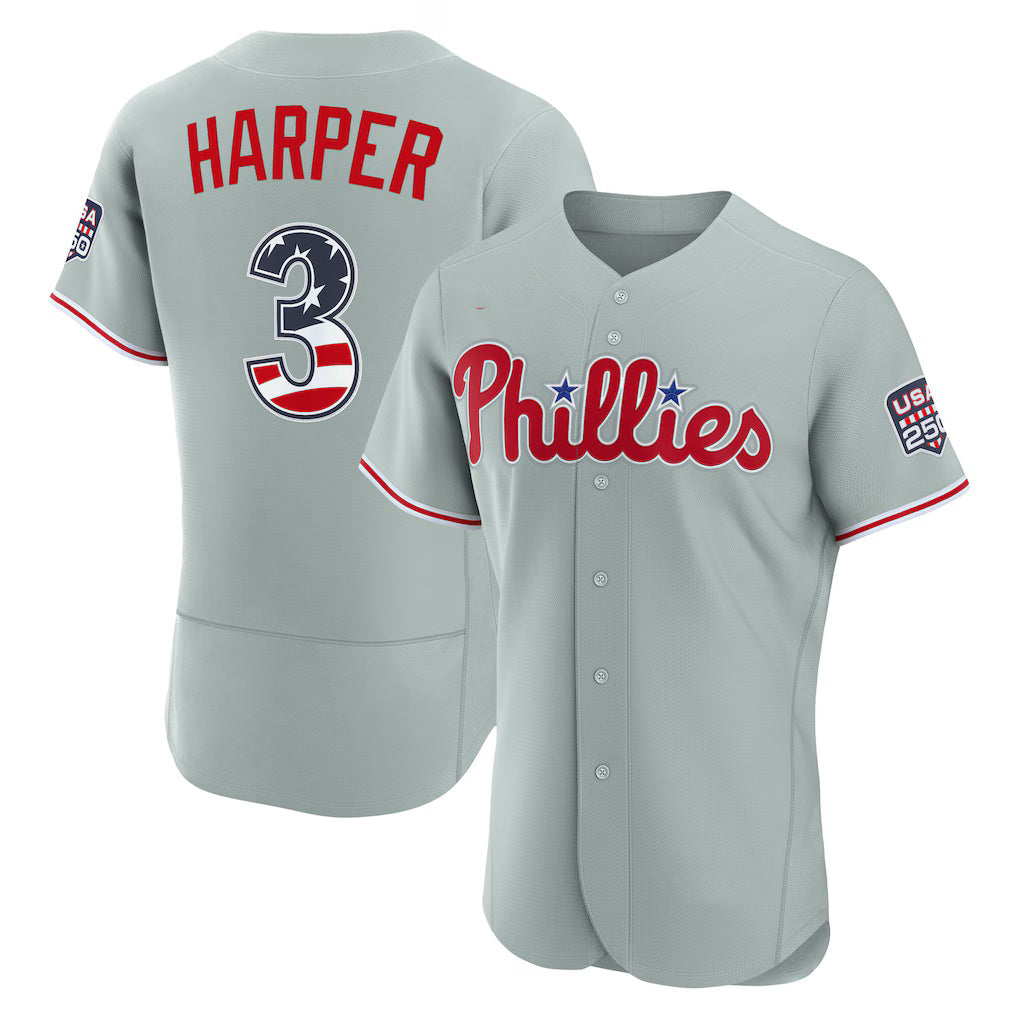 Philadelphia Phillies #3 Bryce Harper USA 250 Fourth of July Road Authentic Jersey - Gray JEROMEN