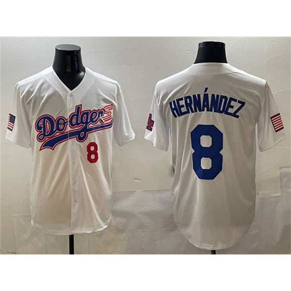 Los Angeles Dodgers #8 Enrique Hern¨¢ndez White JEROMEN With American Flag Patch Limited Stitched Jersey