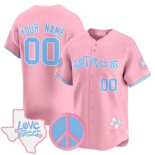 Custom Houston Astros  Love Street & Peace Sign Patch Bubblegum Pink JEROMEN Vapor Premier Limited Jersey ¨C All Stitched