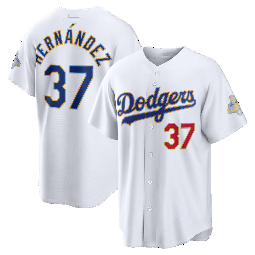 Los Angeles Dodgers #37 Teoscar Hern¨¢ndez White JEROMEN 2026 Gold Collection Stadium Jersey