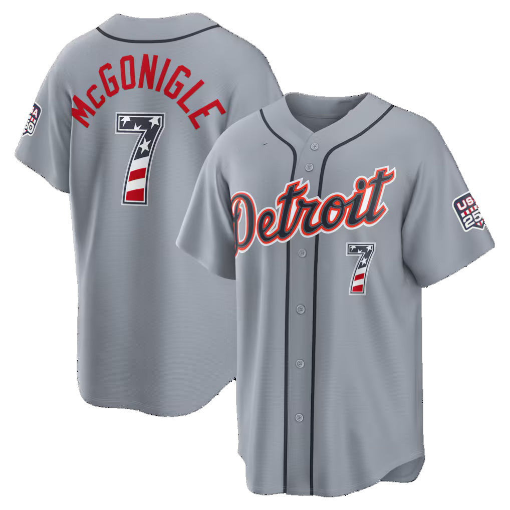 Detroit Tigers #7 Kevin McGonigle Gray JEROMEN USA 250 Fourth of July Road Stadium Jersey